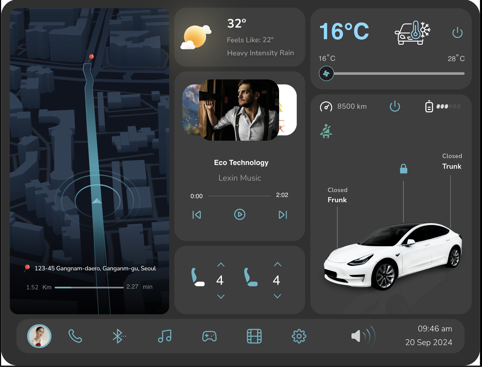 Fig. 1. High-fidelity central infotainment display running live navigation, climate, seat adjustment, and media playback logic in ProtoPie.